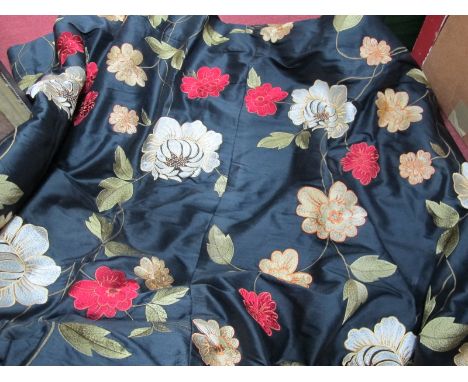 Black Silk Curtains, with floral decoration, lined, 56 x 70inches.