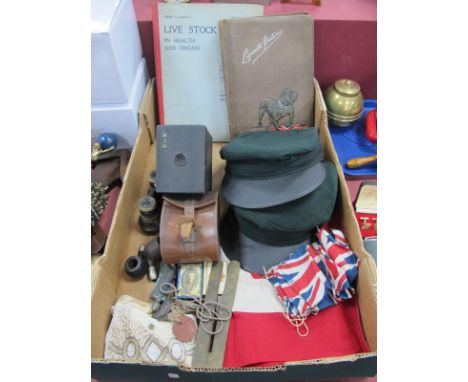A Union Jack, in linen, British made 112 x 80cm, plus six flag bunting. Dog tags, button cleaning guard, pipes, lighter, bino