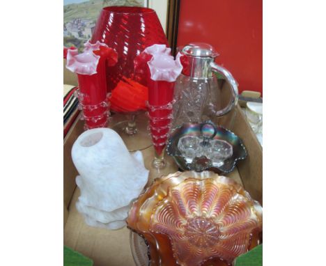 A Large Water Jug with Plated Lid, Carnival glass bowls, Ruby frill vases, shades, other glassware:- One Box.