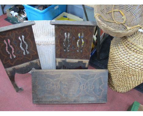 An Alibaba Wicker Basket, laundry basket, hanging basket; together with a late XIX Century bench. (4)