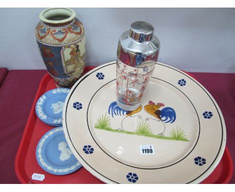 A Lamas Italian Pottery Plate, decorated with hens, cocktail shaker, Chinese style vase, two Wedgwood trinket dishes, ashtray