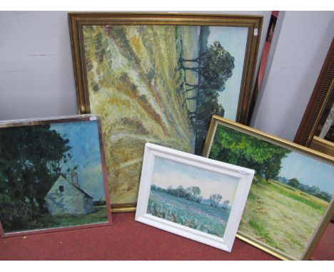 K Hussen, oil on boards, country Scenes, and a chapel. (5).