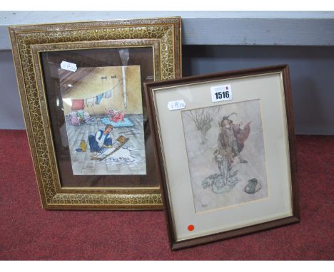 H Karbassi, Middle Eastern Quilt Makers, original artwork, signed lower left 18 x 12.5cm, print after Heath Robinson (2).