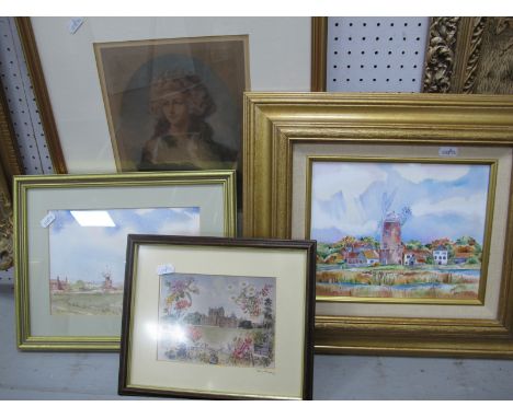 E,M Hawkins, Windmill Scene, original artwork on panel signed lower right, 19 x 24cm. Ron Brooks 'Eley Mill' watercolour, sig