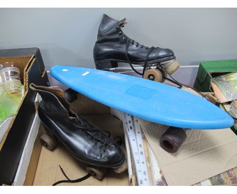 A 1980's Skateboard by Grentec, in blue plastic. Hamaco roller skates, made in Sheffield.