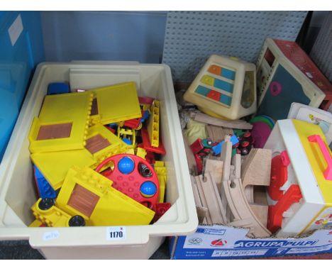 Fisher Price Record Player, and School Days desk, wooden train set, Duplo, etc- Two Boxes