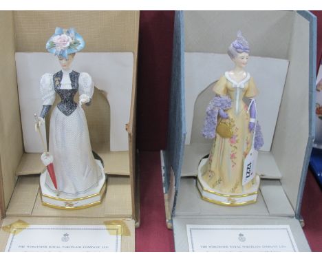 Royal Worcester Limited Edition Figurines of 500,'Madelaine' 20.5cm high (repaired) and 'Elizabeth;, both numbered 285, with 