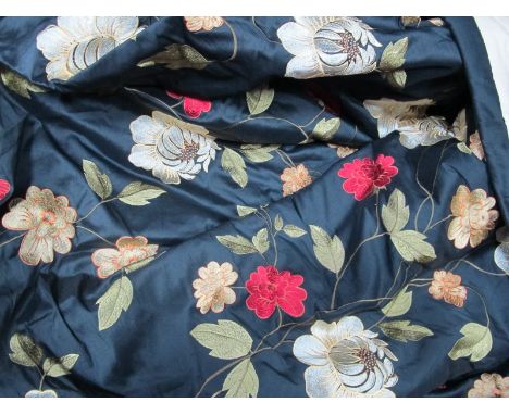 Black Silk Curtains, with floral decoration, lined, 52 x 85inches.