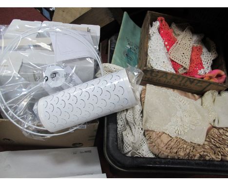 Linens, hosiery holder, teapot cover, oak book trough, Ikea lamp shades, etc:- Two Boxes.