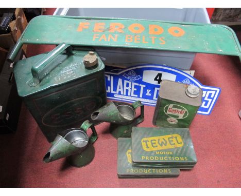 Motoring: Vintage Ferodo fan belts metal sign, orange writing on green ground, 69.5cm wide, three rally plates, Esso petrol c