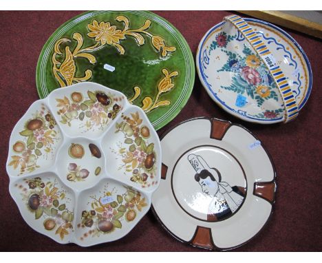 Quimper Pottery Plate, featuring lady within brown border, Spode Hors d'oeuvres, plaque, basket. (4)