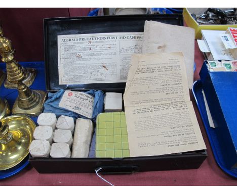 A.R.P Home First Aid Case, WWII period with contents and Air Raid precautions label, under lid, 32cm wide.