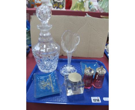 Cut Glass Decanter, glass inkwell with plated lid, pair of condiments, Metro Goldwyn-Meyer glass pin trays, etc:- One Tray.
