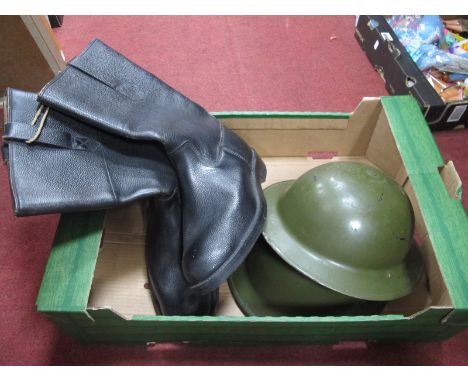 Fire Brigade Boots by Adams Bros, Raunds 1961, R.O Co tin helmet and another, both stamped 1940. (3).