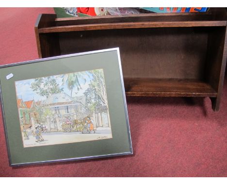 An Oak Book Shelf, with domed back, 58.8cm wide, Jill Walker, Barbados scene, colour print 22 x 29.5cm (2)