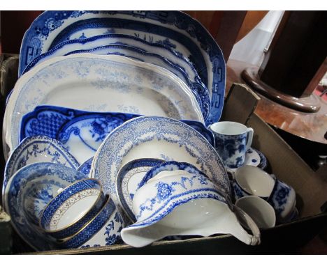 A XIX Century Blue-White Willow Pattern Meat Plate, XIX Century Adriatic Pheasant meat plate, blue-white cups saucers, etc:- 