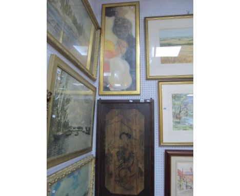 An Oriental Painted Panel, decorated with a seated lady; together with a Gustav Klimt print study of a female, Chinese panel 