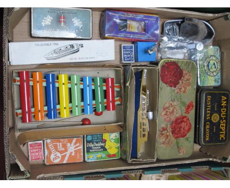 Codeg Xylophone, Hong Kong Police launch boat, other toys, tins, etc;- One Box