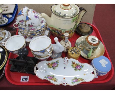 Doulton Teapot, (chipped), cup and saucer, Aynsley tea ware, Lladro goose, seamless stove, Oriental ware, etc:- Tray