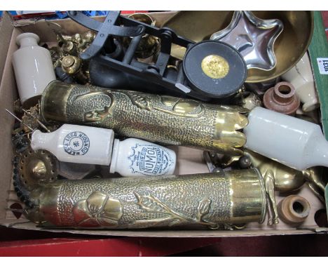 A Pair of WWI Brass Trench Art Shells, converted to vases with foliate decoration, horse brasses, etc:- One Box