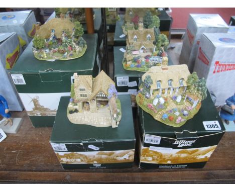 Lilliput Lane (boxed), 'Honey Bees and Summer Breeze', 'Daisy Chain Florist' (with opening door) and two others, all boxed. (