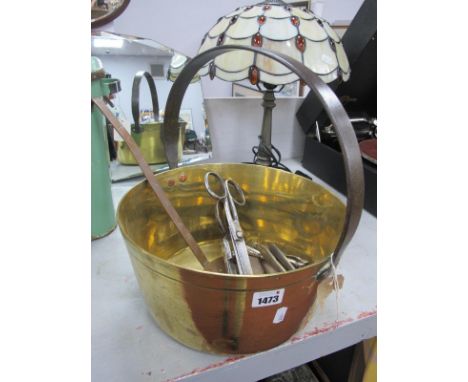 A XIX Century Brass Jam Pan, with iron loop handle, 29.5cm diameter, six pairs of nutcrackers, two large pairs of scissors, s