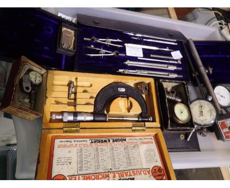 Mixed precision tools, including an Eclipse Magnetic Base CAT no 903, Mercer gauges, Moore &amp; Wright micrometer and a case
