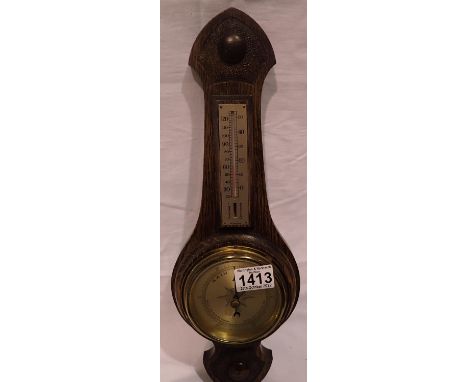 Oak barometer thermometer, H: 50 cm. Not available for in-house P&P 