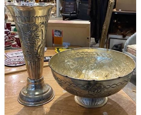 Vintage Indian white metal bowl and vase, vase H: 32 cm, D: 16 cm. Not available for in-house P&amp;P 