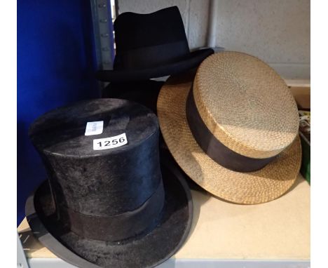 Two vintage top hats, two trilbys and a boater. Not available for in-house P&amp;P 