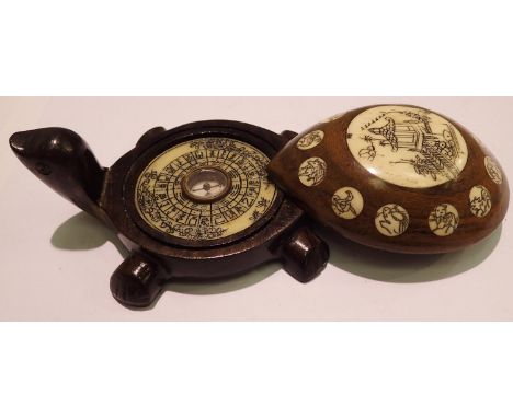 Bone and hardwood turtle with compass and astrological designs. P&amp;P Group 1 (£14+VAT for the first lot and £1+VAT for sub