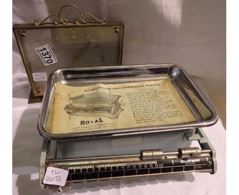 Vintage Royal household beam scales and a Smiths eight day floating balance clock. Not available for in-house P&amp;P 