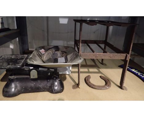 Iron footman, horse shoe and a set of scales with weights. Not available for in-house P&amp;P 