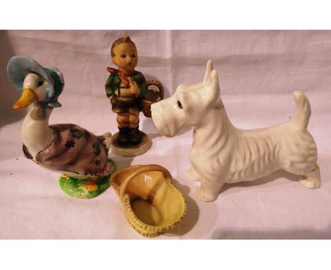 Beswick Puddle duck, Tiny Royal Worcester basket, Midwinter dog and Hummel figurine. Not available for in-house P&amp;P 