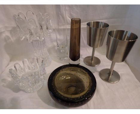 Quantity of vintage glass items including two Scandinavian candle holders, bud vases, stainless steel goblets and Whitefriars