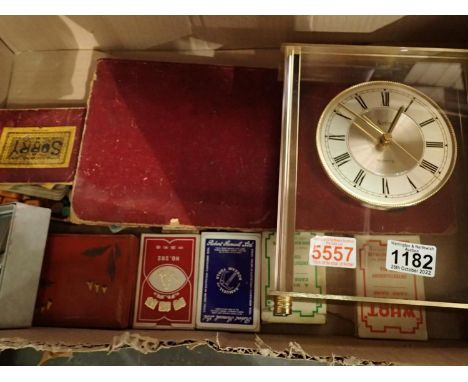 Mixed vintage games and playing cards and an Acctim clock in working order. Not available for in-house P&amp;P 