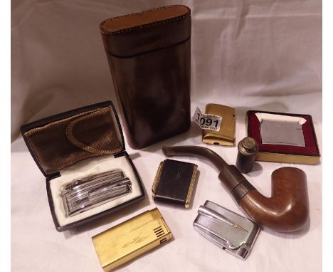 Smoking accessories, including vintage cigarette lighter, briar pipe with a silver collar etc, Brands on pipes BBB, A.F. P&am