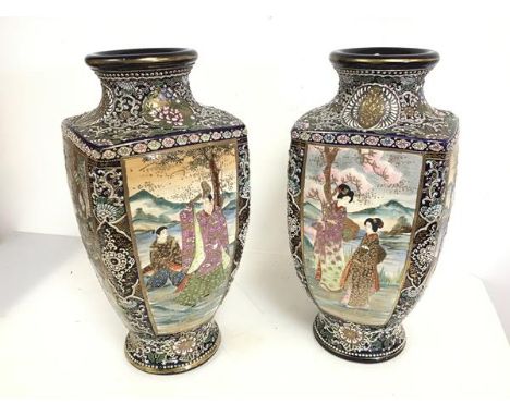 A pair of modern Japanese vases of baluster form and decorated with gilt and enamel, depicting traditional Japanese scenes, b