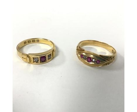 An 18ct gold ring set with three rubies divided by diamonds (R) and an 18ct gold ring set central channel set ruby flanked by