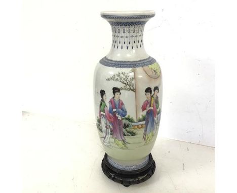 A Republic period Chinese vase, depicting Four Women in a Garden, with Chinese script verso and four red seal marks to base, 