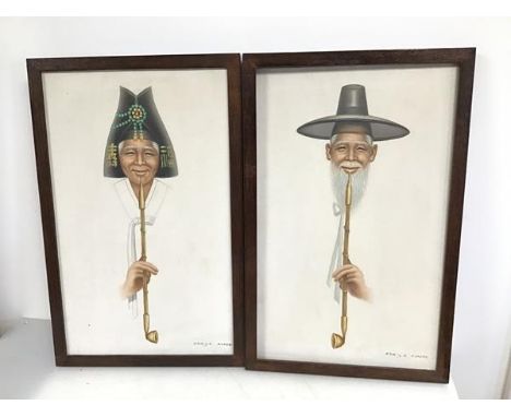 Choe. Y.S. Gentleman Smoking a Pipe, oil on canvas, signed bottom right and inscribed Korean (52cm x 32cm) with companion by 