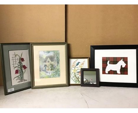 An assortment of framed artworks including a ceramic tile with Kingfishers, Coastal Scene, oil on board (9cm x 9cm), Cottage 