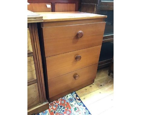 A modern small teak chest of drawers fitted three drawers, on plinth base (73cm x 55cm x 42cm)