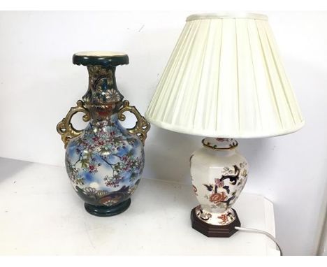 A Masons Ironstone style vase table lamp (with shade: 45cm) and a Japanese style two handled vase decorated with cherry bloss