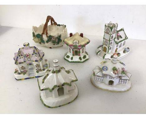 A group of modern Coalport 19thc style pastille burners, including Village Church (14cm x 13cm x 10cm) and a 19thc ceramic fl