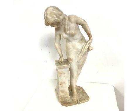 Continental School an alabaster sculpture c.1900, Woman Leaning on Plinth (damage to bottom of base and toe) (50cm x 23cm x 1