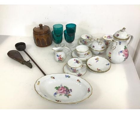 A mixed lot including a part Dresden coffee service, four teacups, six saucers, a sugar bowl with lid, a milk jug, a coffee p