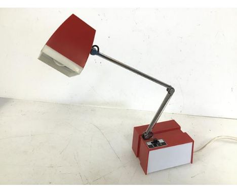 A 1980s Japanese desk lamp, in red and white acrylic, with adjustable arm and a hi and low setting (maximum: 40cm x 10cm x 7c