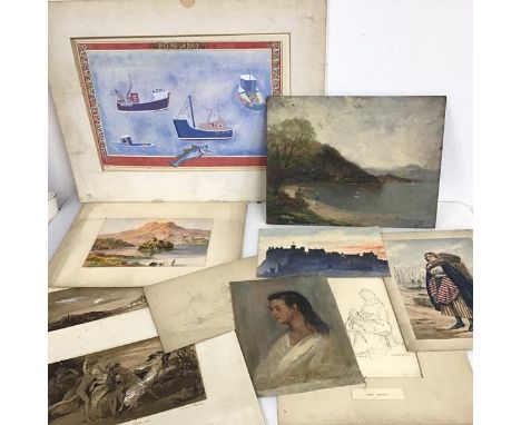 Assorted artwork including a J.B. McDonald sketch of Lady's Head, oil on canvas (24cm x 18cm), various artists, including Wil