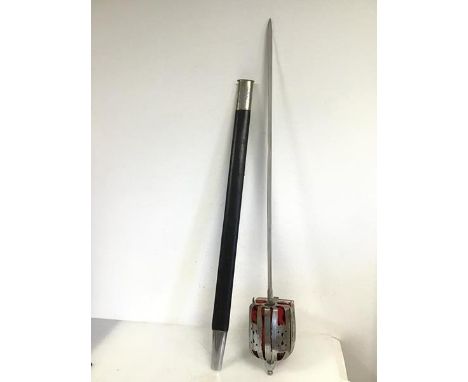 A reproduction broad sword with basket hilt and leather scabbard (combined length 103cm)